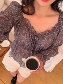 DAZY Women's Ditsy Floral Ruffle Hem Fashionable Short Long Sleeve Blouse Vacation Outfits Women - Black - View 8