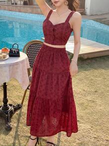 DAZY 女士两件套：镂空刺绣吊带背心和A字裙度假套装 - 紅色 - 查看 10