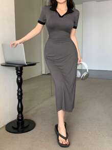 DAZY Women's Form-Fitting Color Block Short Sleeve Slim Fit Long Dress Sundress,Casual Women Dresses