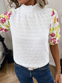 SHEIN Clasi Women Casual Commute Frill Collar Floral Print Short Puff Sleeve T-Shirt - White - View 7
