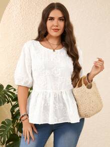 Plus Size Boho Women Floral Jacquard Short Puff Sleeve Ruffle Hem Blouse,Summer For Women,Vacation - Beige - View 7