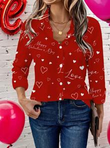 EMERY ROSE 休闲简约情人节元素图案宽松长袖女衬衫，适合夏季 - 彩色 - 查看 5