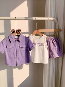 3pcs/Set Young Boy Solid Color Collar Short Sleeve Shirt, Letter Print Knit Soft Round Neck Tank Top And Elastic Waist Shorts - Purple - View 6