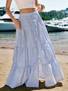 SHEIN VCAY Holiday Woven Striped High Waist Flare Skirt For Women