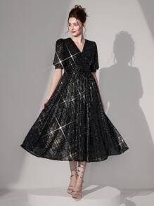 Poshira 闪亮亮片晚礼服，奢华派对礼服，婚礼宾客礼服，腰部收紧设计，修身音乐节春夏，舞会礼服 - 銀色 - 查看 7