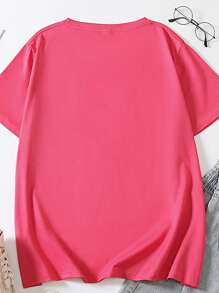 Flirla Plus Size Casual Summer Short Sleeve T-Shirt With Teddy Bear Print Graphic Tees Women Tops - Hot Pink - View 2