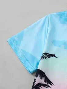 Lässige Ferienmode für Tween Jungen: Cooles Rundhals-T-Shirt mit Aufdruck und Kokosnussbaum-bedruckte Strandshorts, 2 Stücke Set