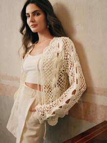 Anewsta Handmade Crochet 3D Lock Chain Floral Lace Faux Pearl Hollow-Out Versatile Cardigan - White - View 5