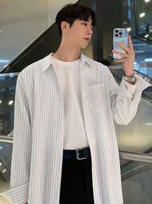 DAZY Camisa casual masculina listrada de comprimento médio com bolso simples e manga comprida, roupas de outono - Azul e branco - Ver 8