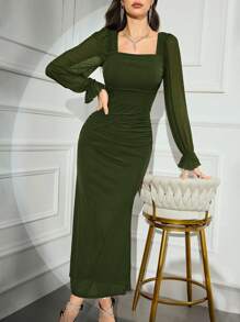 Modelyn Women Square Neck Long Sleeve Ruched Mermaid Hem Elegant Dress