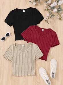 SHEIN Leap Crew 3 件套青少年女孩针织纹理长袖 T 恤