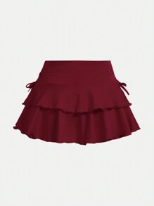 SHEIN Girlism Tween Girls' Street Casual Knit Solid Drawstring Ruched Waist Cake Ruffle Hem Skirt