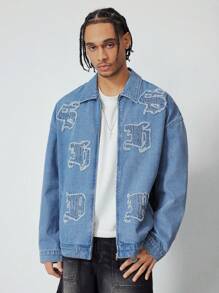 ROMWE MEN Street Life Men's Casual Denim Jacket With Letter Applique, For Autumn - Blue - View 8