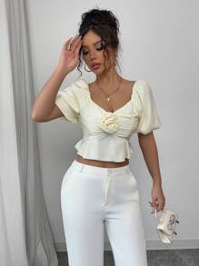 Elenzga Women's Elegant Fashion Date/Holiday Gentle Fairy-Like Ruffle Hem, Floral Decor, Solid Satin Blouse Valentine's Day