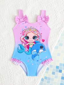Young Girls One-Pieces SwimsuitCute Purple Blue Gradient Cartoon Mermaid Digital Print Sleeveless Briefs Swimsuit With Bow Perfect For Summer Trip To The Beach & Pool - Multicolor - View 6