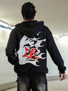 PAVTROS Best - Selling On INS! This Is A Black Street - Style Hoodie For Young Men. The Back Design Is Eye - Catching. Against A White Flame - Outline Background, There Is A Red Pattern In The Center Of The Flames. The Overall Style Is Flamboyant , Making It Perfect For Street - Style Enthusiasts Who Pursue Individuality.Men's Character Print Long Sleeve Casual Hoodie