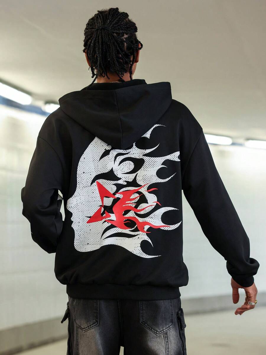 PAVTROS Best - Selling On INS! This Is A Black Street - Style Hoodie For Young Men. The Back Design Is Eye - Catching. Against A White Flame - Outline Background, There Is A Red Pattern In The Center Of The Flames. The Overall Style Is Flamboyant , Making It Perfect For Street - Style Enthusiasts Who Pursue Individuality.Men's Character Print Long Sleeve Casual Hoodie