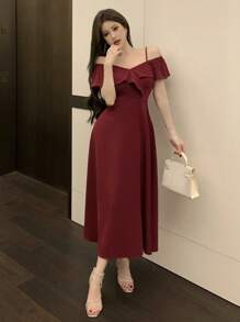 DAZY Women V-Neck Ruffle Trim Midi Dress, Solid Color For Date Night, Valentine's Day, Chinese New Year Elegant Sundress Red Women Dresses Prom Dress Christmas
