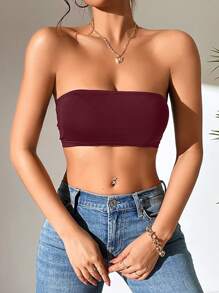 SHEIN PETITE Women's Solid Color Cropped Fitted Tube Top - Burgundy - View 5