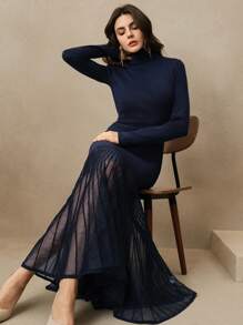 Anewsta Women's Elegant High Neck Patchwork Fabric Waist Fitted Sheer Sequin Mermaid Hem Knit Dress, Valentine's Day & New Year's Outfit - Blue - View 3