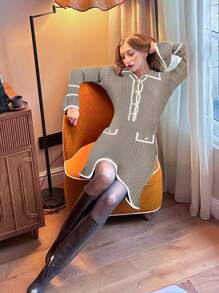 Chiquease 优雅女士纽扣半襟长袖毛衣裙，秋冬 - 香檳色 - 查看 5