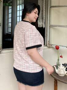 Dazy Plus Plus Size Women's Color Block Round Neck Short Sleeve T-Shirt, Spring/Summer Plaid - Pink - View 2