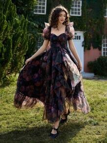 SHEIN MOD Women Organza Floral Print Layers Ruffled Maxi Dress,Valentine's Day,Boho Dress Women,Party Women Outfits,Summer Dress,Maxi Dress,Wedding Guest Dress Women,Birthday Dresses