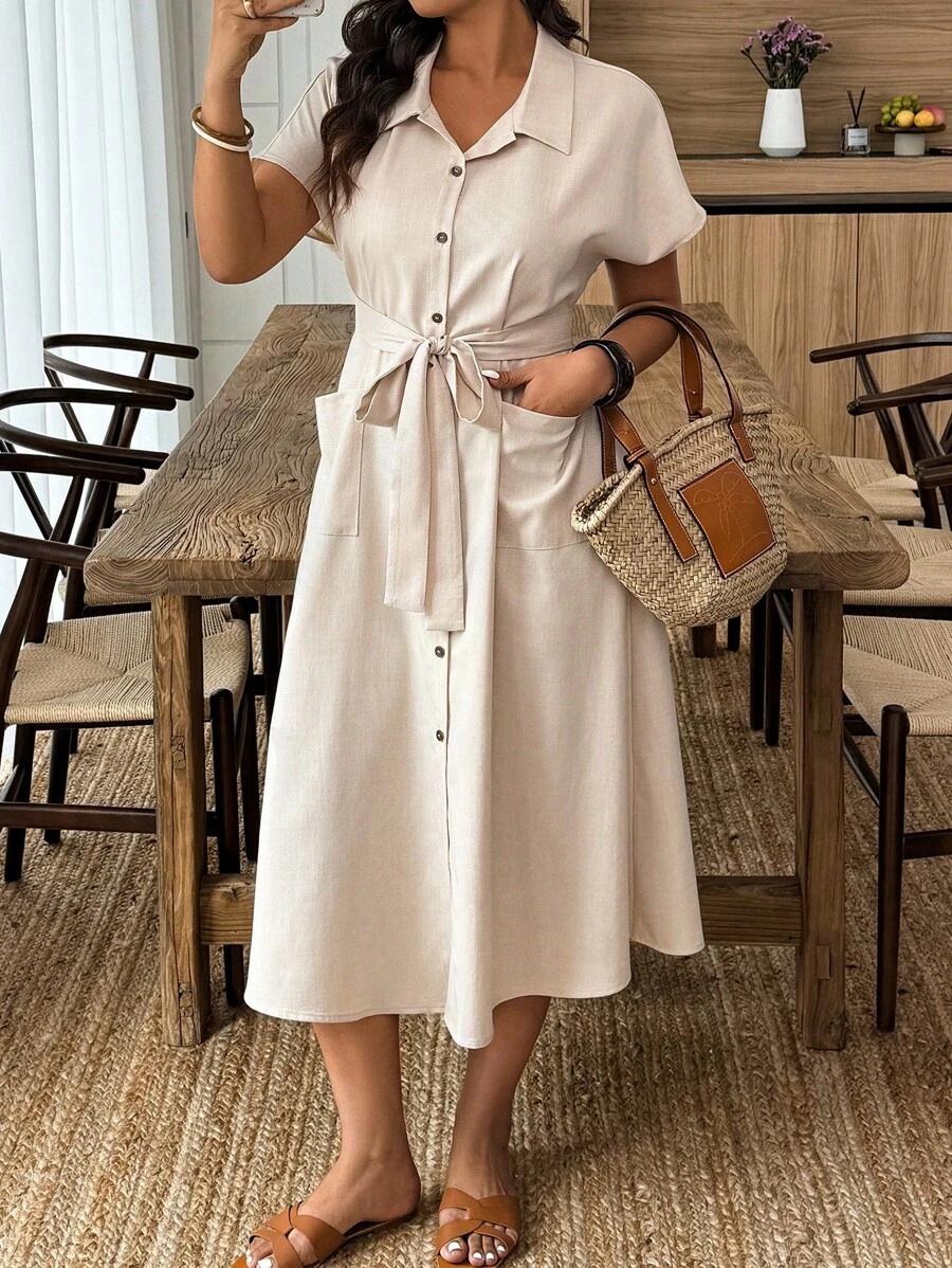 Linhara Plus Size Casual & Holiday Style Front Button Short Sleeve Pocket Simple Dress - Apricot - View 1