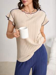 Lazeform Conjunto de ropa informal para el hogar con pantalones de mujer con cuello redondo, volantes y mangas cortas de color contrastante