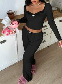 SHEIN 女士蕾丝边长袖上衣长裤睡衣套装，舒适优雅细节，秋冬服装 - 黑色 - 查看 3