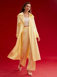 MOTF PREMIUM FLORAL EMBROIDERY DOUBLE BREASTED TRENCH COAT,SPRING/SUMMER - Yellow - View 9