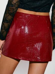 Poéselle Fashion Solid Color Shiny PU Mini Skirt, Low Waist,Valentine's Day Skirt, Anchor Red Skirt