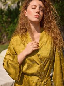 Ocili Leisure Soft And Smooth Jacquard Pattern Satin Landscape Women Sleepwear Robe - Mustard Yellow - View 4