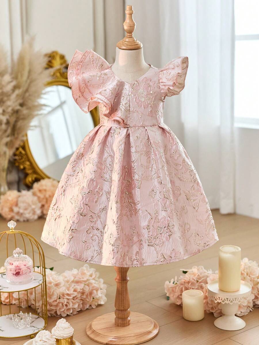 Young Girl Jacquard Weave Ruffle Collar Fitted Casual Dress - Pink - View 1