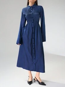 Heiryn Damen Lange Ärmel Lässig Hemd mit Knopfleiste vorne, minimalistisch schickes, einfarbiges retro shirt - Blau - Übersicht 4