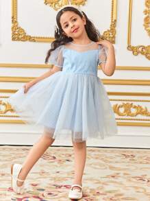 SHEIN Vestido de niña elegante con mangas abombadas de malla con estampado a lunares, diseño de gran lazo calado y empalmes de malla, color azul