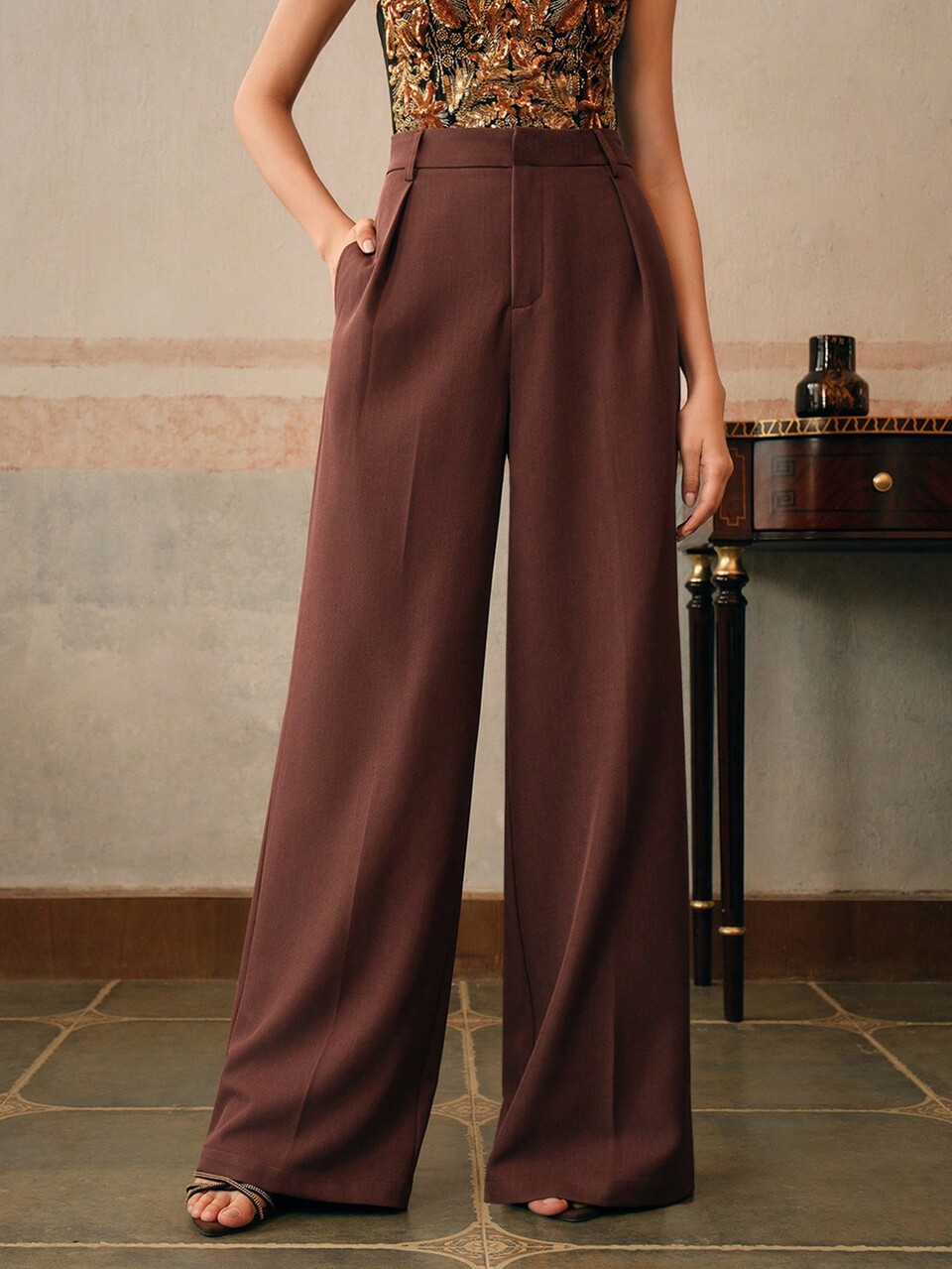 Anewsta Maillard Wide Leg Elegant Modern High-Waisted Suit Pants, Vacation New Years