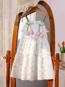 Souflis Souflis 年轻女孩数码印花花卉装饰荷叶边下摆细肩带 A 字形连衣裙，休闲海滩度假派对装，夏季 - 白色 - 查看 1