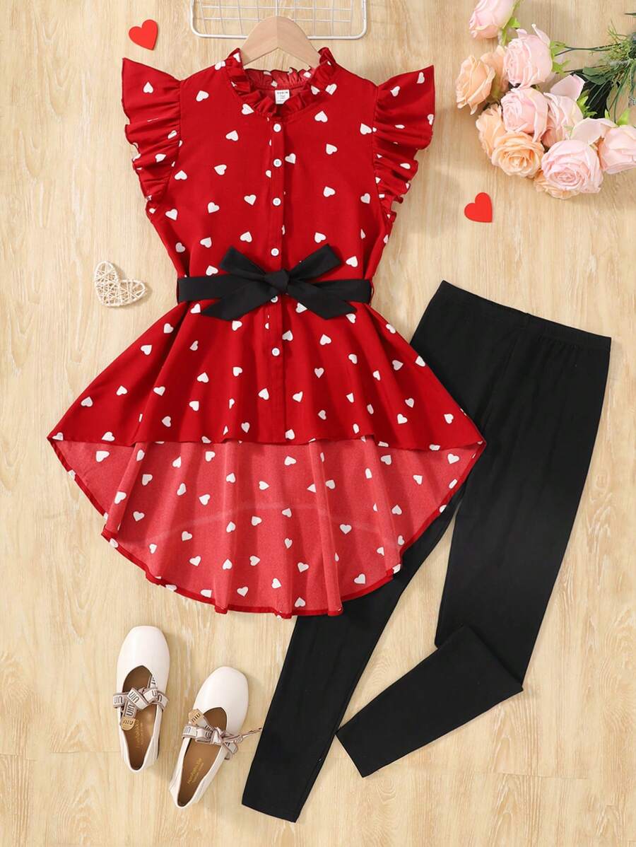 SHEIN Leap Crew 少女两件套：编织心形图案荷叶边袖领带衬衫和休闲裤套装