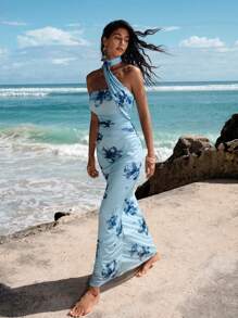 Opulessa Women's Long Knit Mesh Printed Bodycon Dress - Blue - View 5