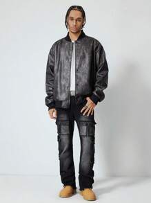 ROMWE MEN Grunge Punk Men's Retro Letter Embossed Bomber Jacket