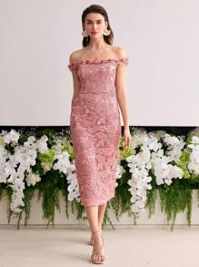 MOTF Soiréza VÁY MIDI TRẮNG VAI REN GUIPURE - Hồng - Xem 6