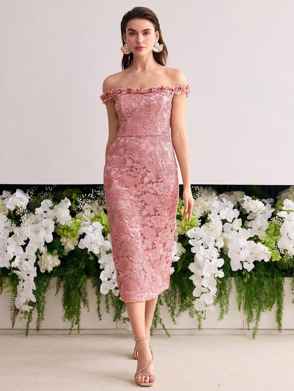 MOTF Soiréza GUIPURE LACE OFF SHOULDER MIDI DRESS