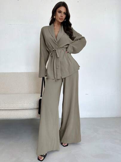 Firerie Women Elegant Casual Vacation Commute Office Printed Lapel Waist Tie Loose Shacket And High Waist Relaxed Pants, Suitable For Autumn And Summer