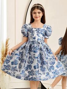 女童提花方领短袖优雅连衣裙，适合毕业舞会、公主裙、情人节女童、花童裙 - 藍色 - 查看 1