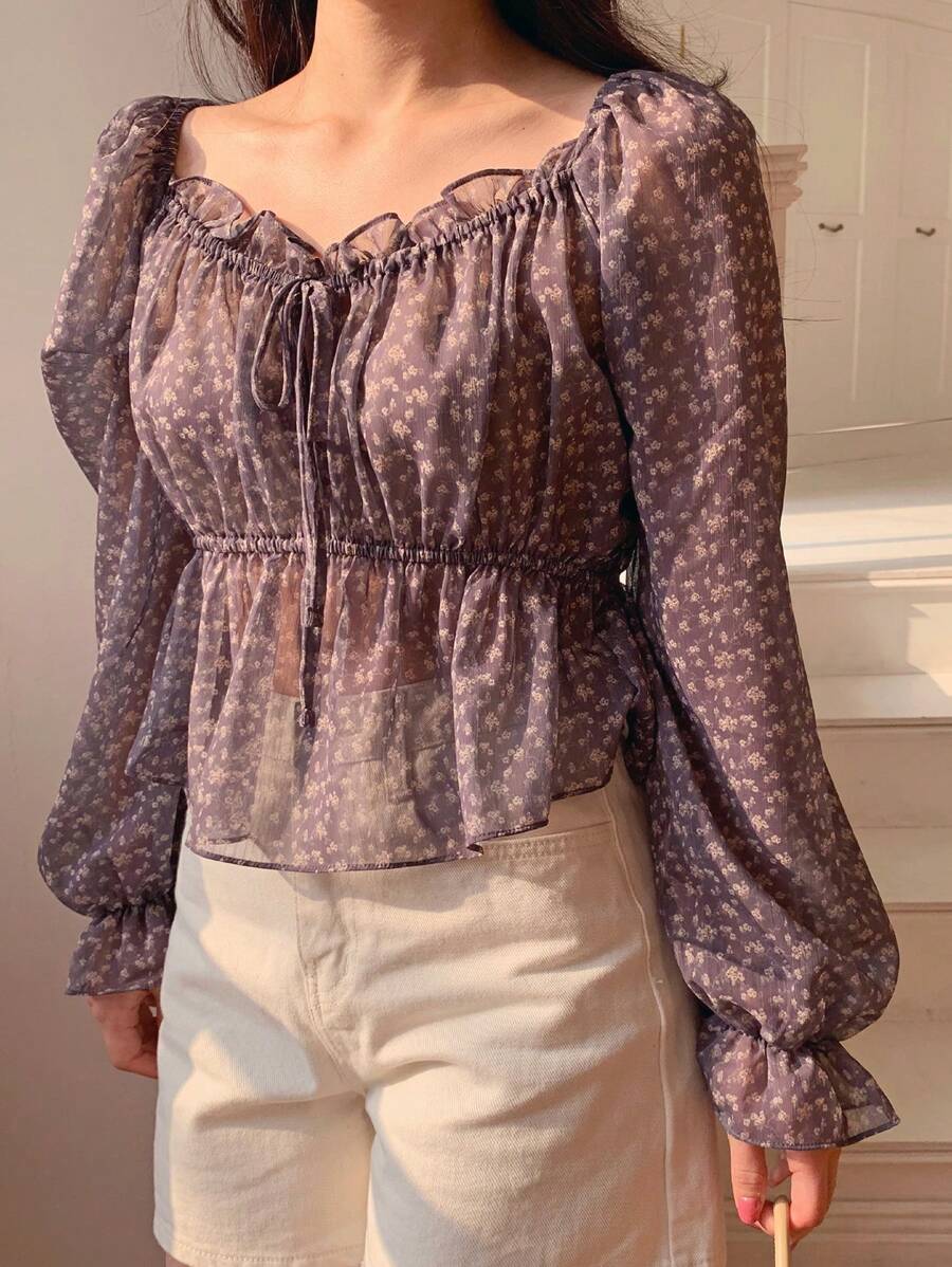 DAZY Women's Ditsy Floral Ruffle Hem Fashionable Short Long Sleeve Blouse Vacation Outfits Women - Black - View 1