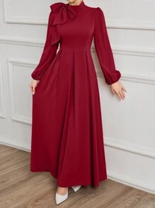 Modelyn Tie Shoulder Long Sleeve Dress For Women Maxi Women Outfit - Burgundy - View 3