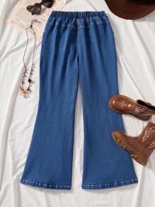 SHEIN Tween Girls Classic Elegant Fashion Medium Wash Blue Flared Jeans, Versatile & Comfortable For Outdoor Activities And Daily Matching, Spring And Summer - Blue - View 2