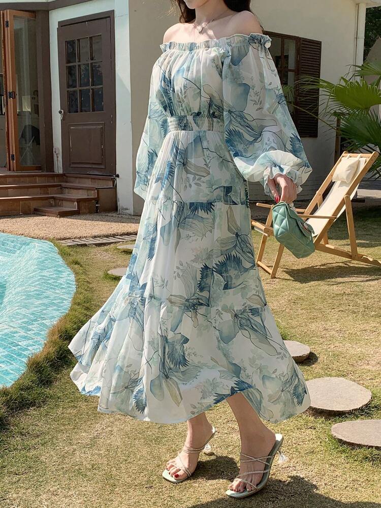 Floral Print Off Shoulder Midi Dress For Women,Ruffle,Fall Dress Long Sleeve Dress Vacation Outfits Women Easter Boho