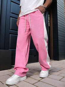 Manfinity Roghcode Men's Contrast Color Block Drawstring Waist Jeans - Pink - View 1